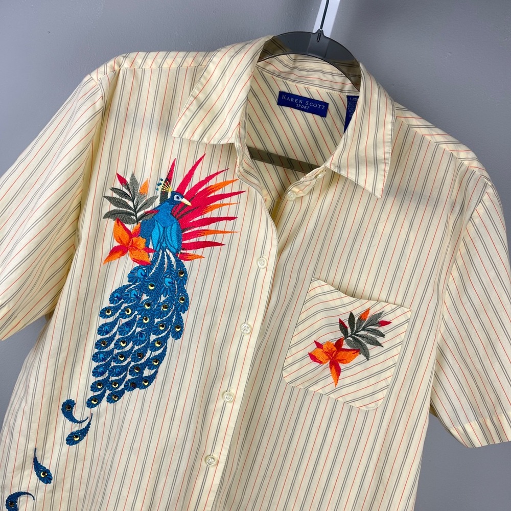 Karen Scott Sport Shirt Top Womens L Embroidered Peacock Button Front